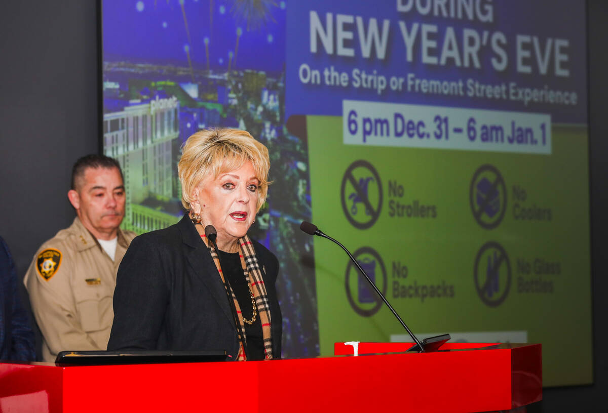 Las Vegas Mayor Carol Goodman speaks during the New Year's Eve Safety 2023 Press Conference hel ...