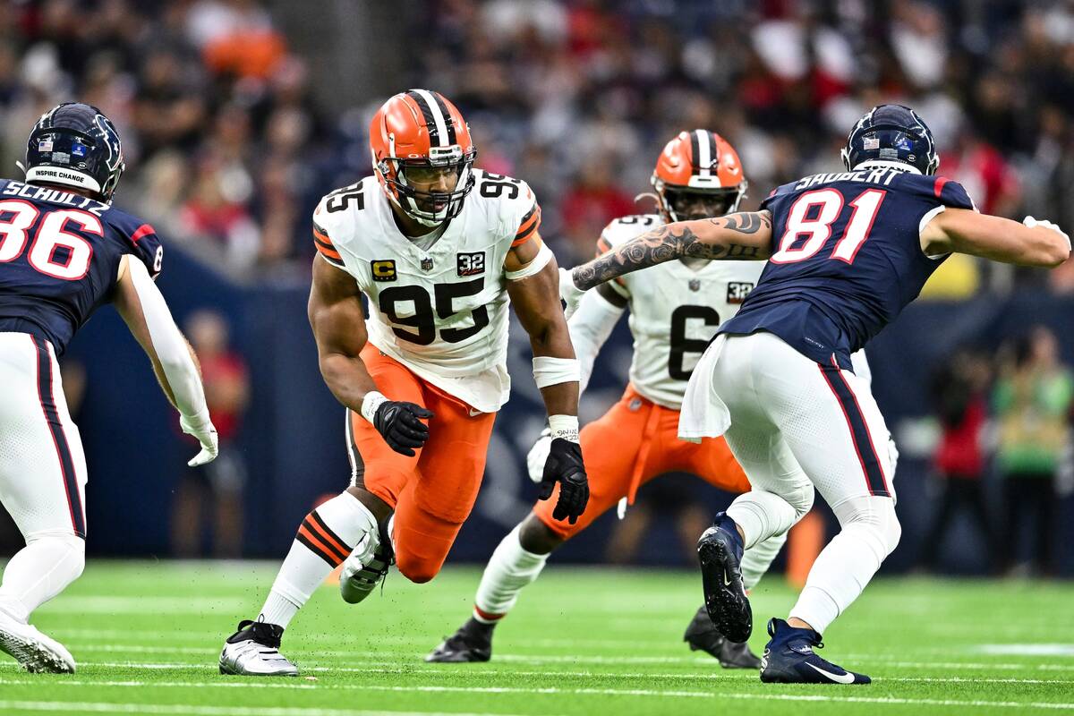 Cleveland Browns defensive end Myles Garrett (95) in action against the Houston Texans during a ...