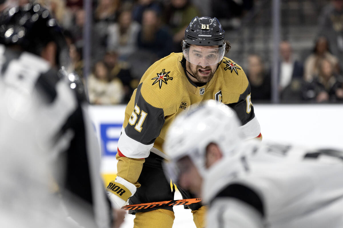 Golden Knights right wing Mark Stone (61) watches the puck in a face-off with the Kings during ...