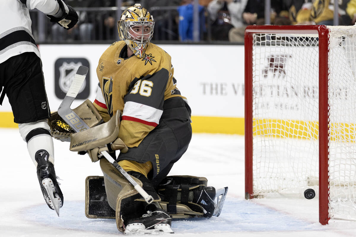 Golden Knights goaltender Logan Thompson (36) watches the puck soar into the net during the sec ...