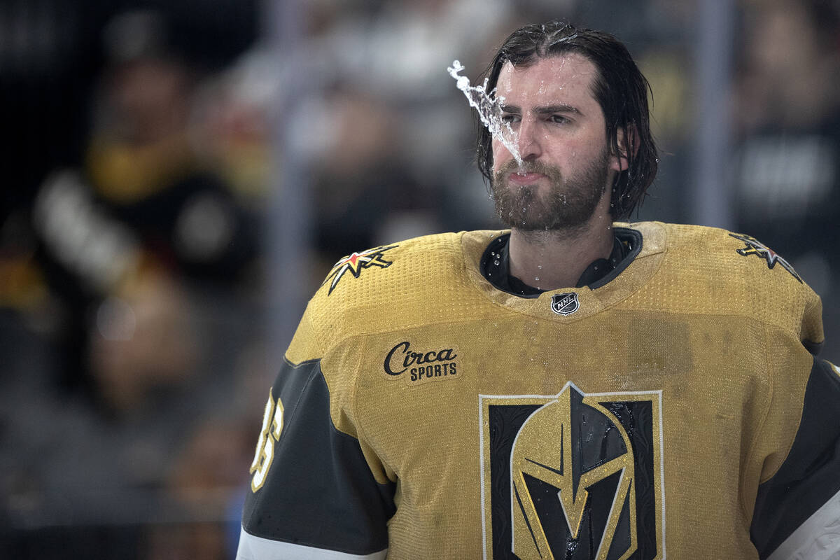 Golden Knights goaltender Logan Thompson (36) readies for the second period of an NHL hockey ga ...