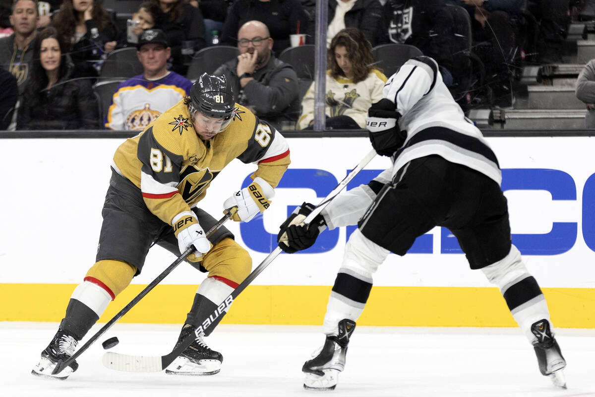 Golden Knights right wing Jonathan Marchessault (81) skates with the puck against Kings defense ...