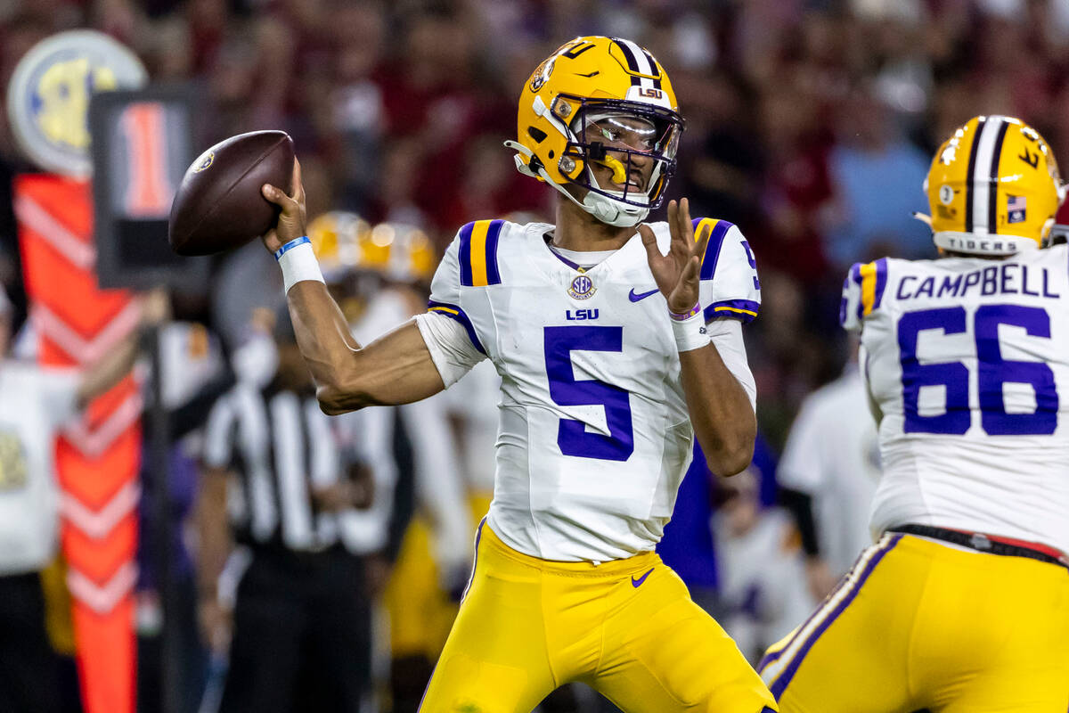 FILE - LSU quarterback Jayden Daniels. (AP Photo/Vasha Hunt, File)