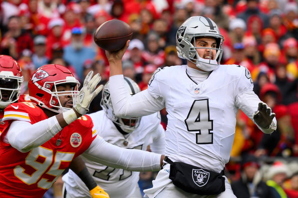 Kansas City Chiefs defensive tackle Chris Jones (95) pressures Las Vegas Raiders quarterback Ai ...