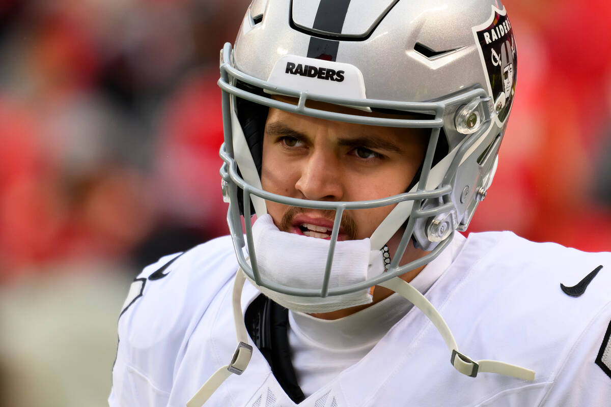 Las Vegas Raiders quarterback Aidan O'Connell during warmups before an NFL football game agains ...