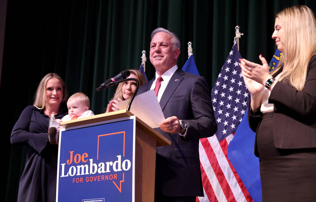 Nevada Gov.-elect Sheriff Joe Lombardo gives a victory speech at his alma mater, Rancho High Sc ...