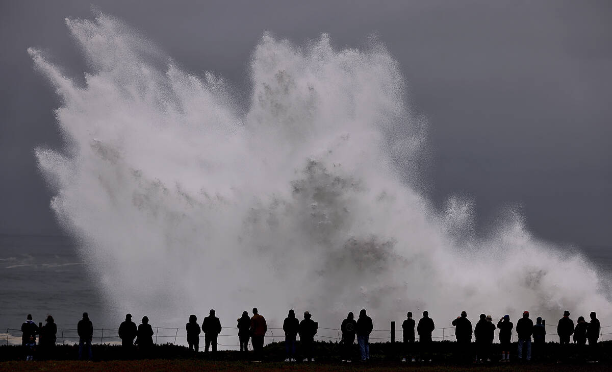 Large waves crash in to Duncan's Landing north of Carmet, Calif., Thursday, Dec. 28, 2023, due ...