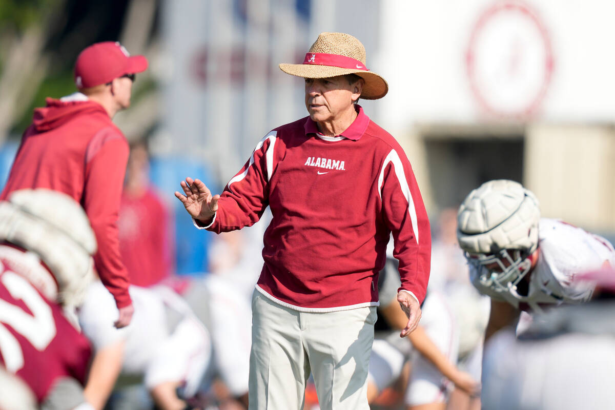 Alabama head coach Nick Saban walks during practice Thursday, Dec. 28, 2023, in Carson, Calif. ...