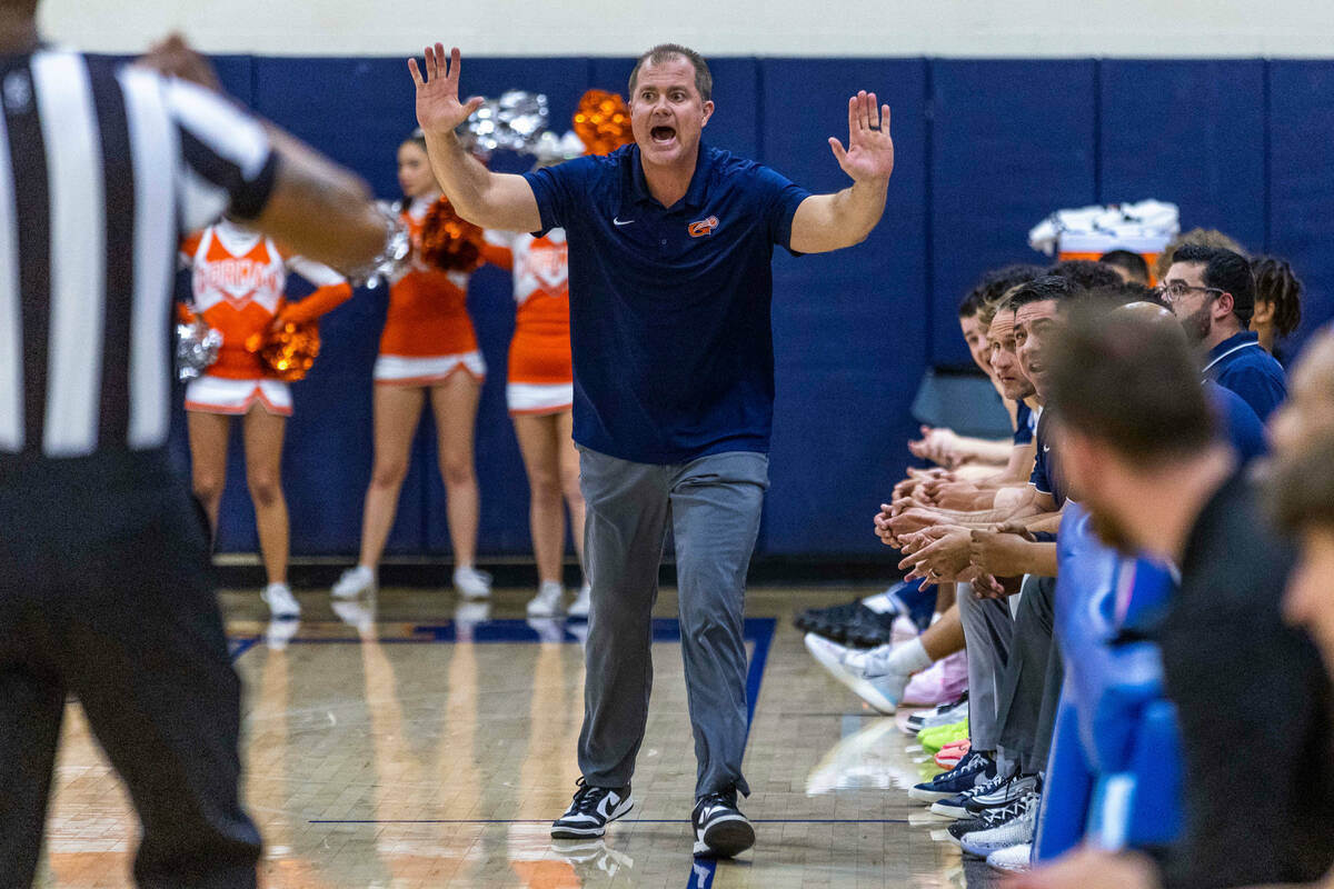 Bishop Gorman's Head Coach Grant Rice yells to his players against Durango during the first hal ...