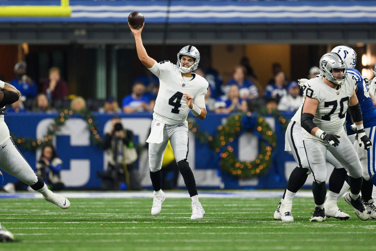 Las Vegas Raiders quarterback Aidan O'Connell (4) throws downfield during an NFL football game ...