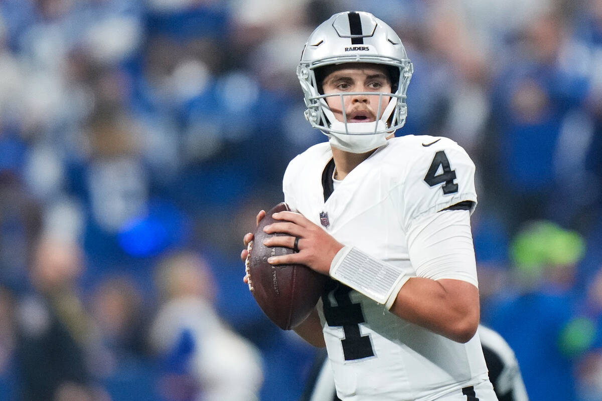 Las Vegas Raiders quarterback Aidan O'Connell (4) prepares to throw a pass during the first hal ...