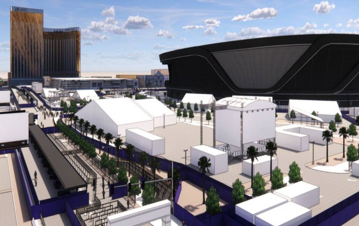 An artist rendering of what Hacienda Avenue will look like for Super Bowl LVIII. The road and b ...