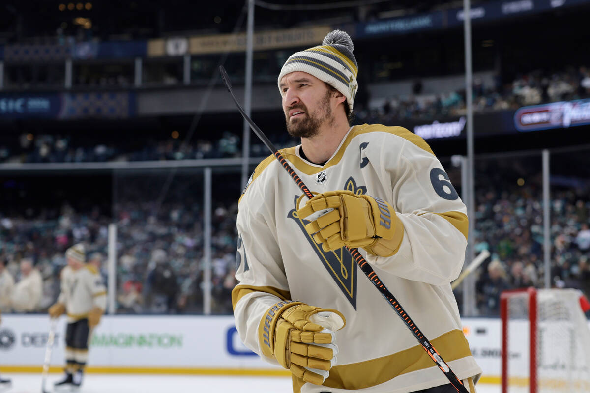 Vegas Golden Knights right wing Mark Stone (61) skated on the ice during warmups before the NHL ...