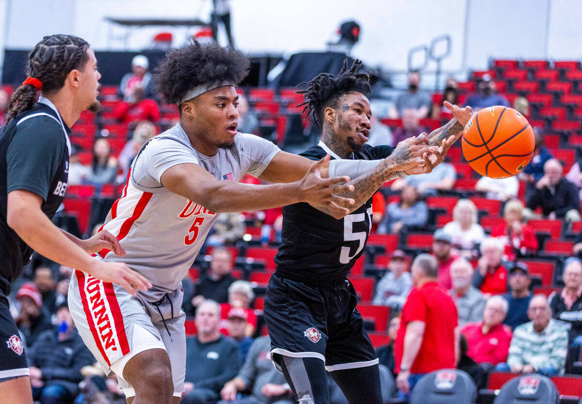 UNLV Rebels forward Rob Whaley Jr. (5) and Bethesda University Flames guard Tawrence Shoffner ( ...