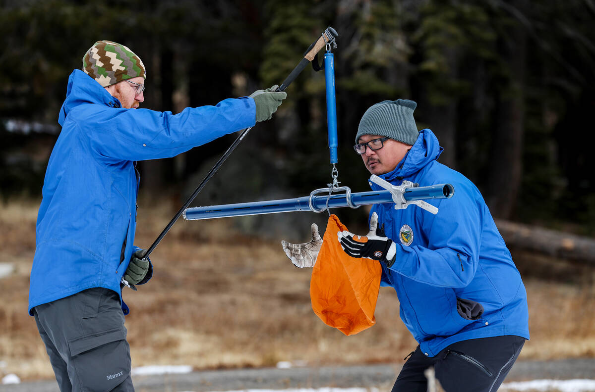 Sean de Guzman, snow survey manager for the California Department of Water Resources, right, an ...