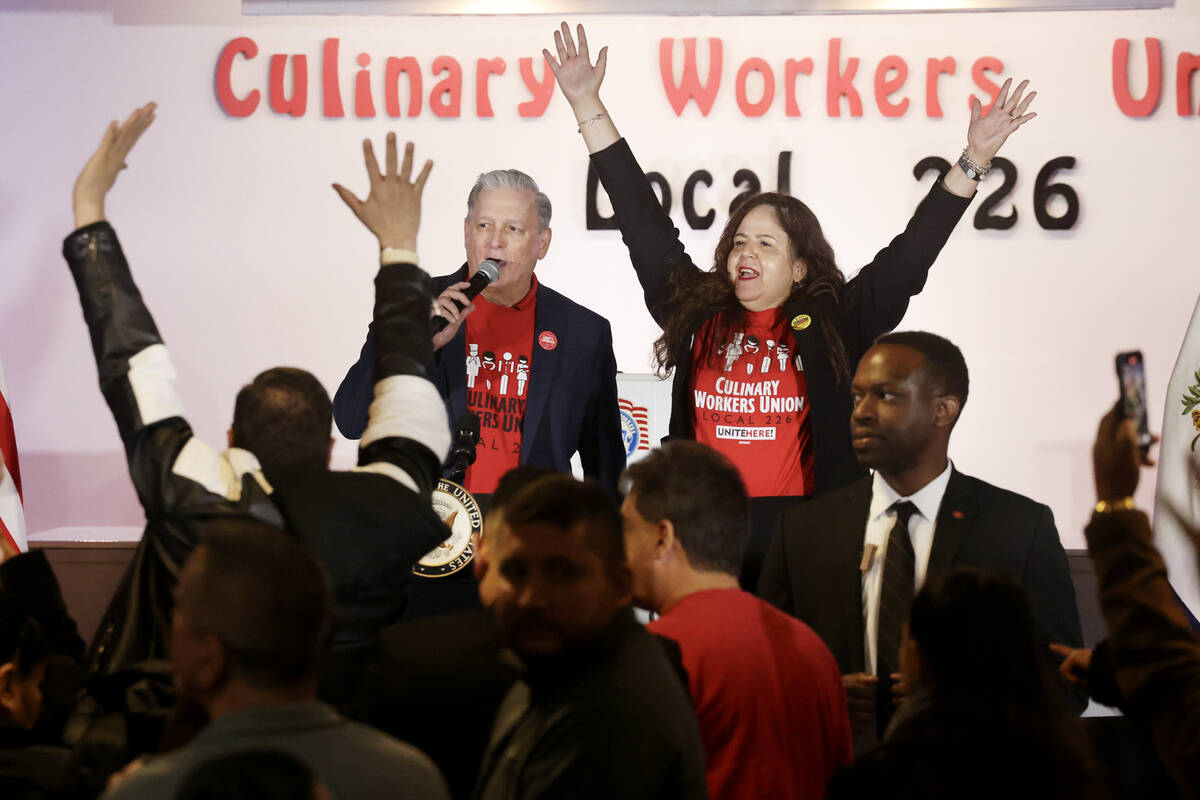 Culinary Union Secretary-Treasurer Ted Pappageorge and President Diana Valles fire up the crowd ...