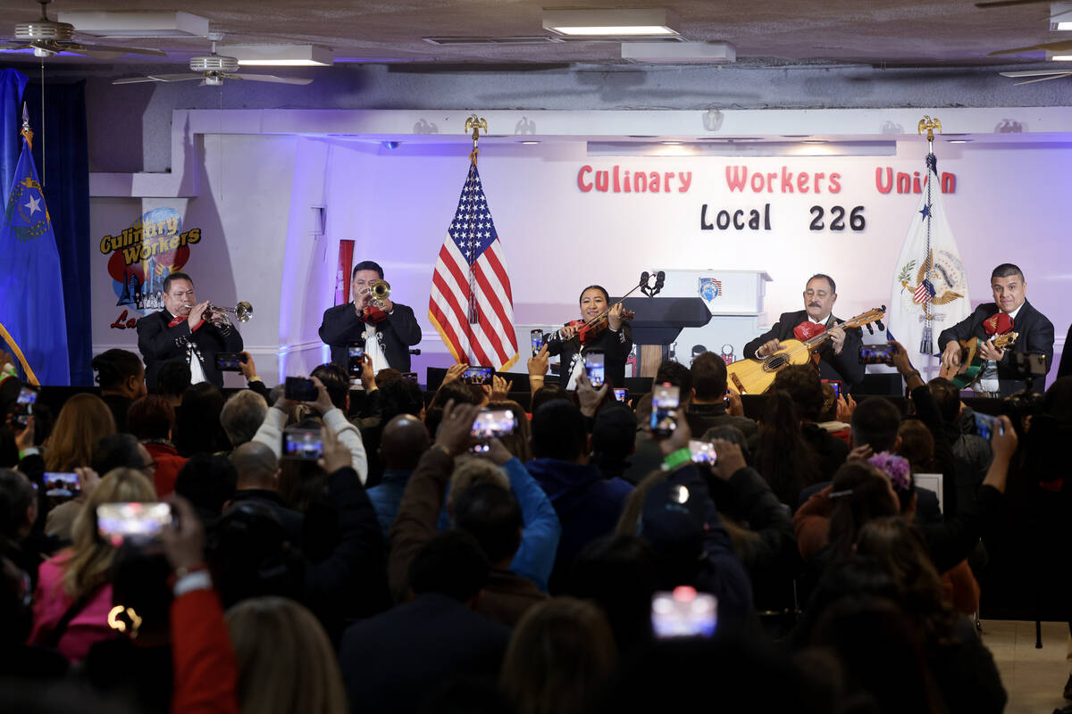 Mariachi Jalisco entertains the crowd before Vice President Kamala Harris speaks to Culinary Un ...