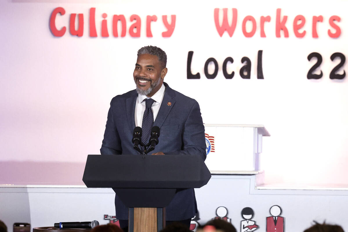 U.S. Rep. Steven Horsford, D-Nev., speaks to members and guests ahead of Vice President Kamala ...