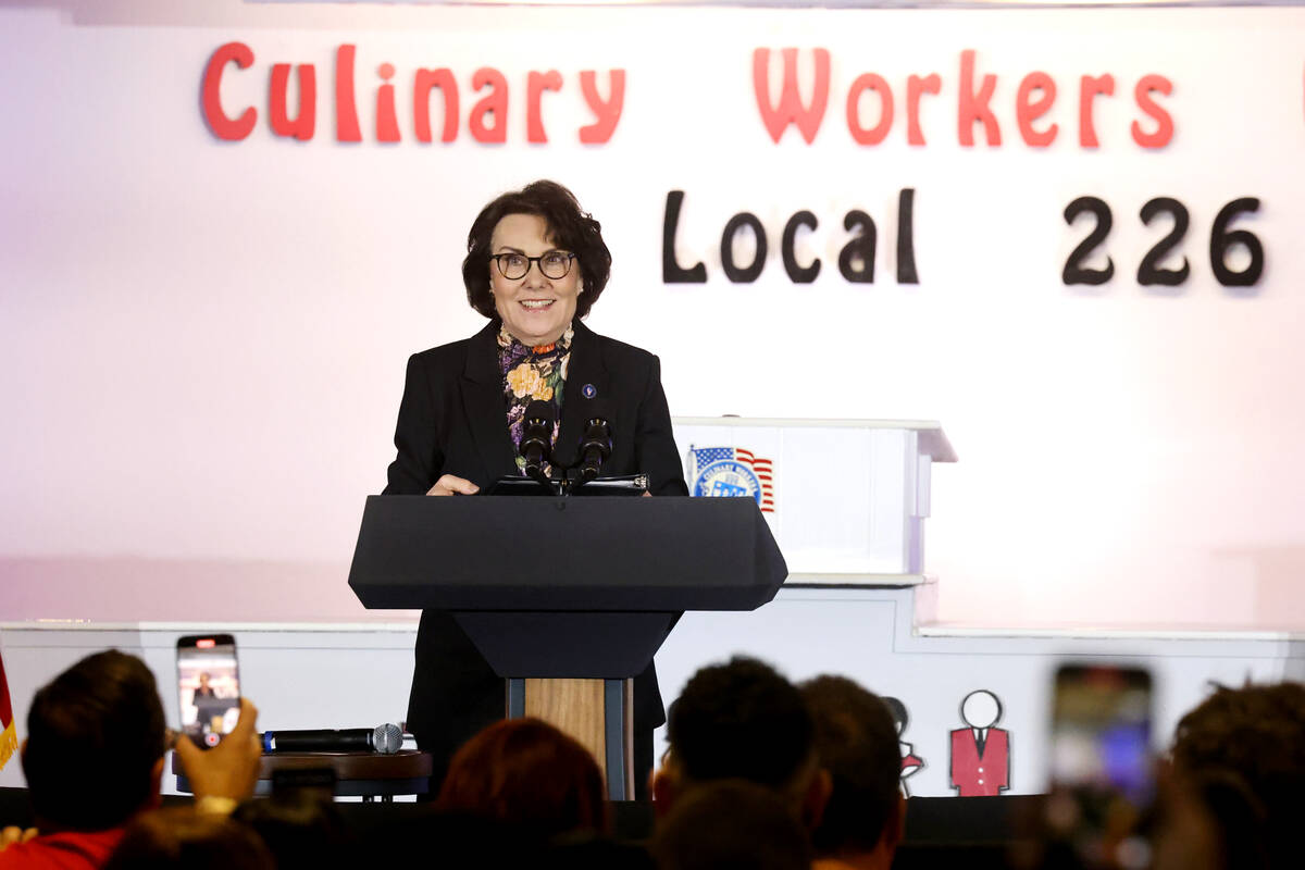 U.S. Sen. Jackie Rosen, D-Nev., speaks to members and guests ahead of Vice President Kamala Har ...