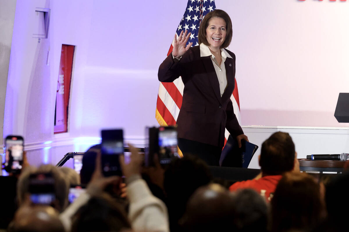 U.S. Sen. Catherine Cortez Masto, D-Nev., speaks to members and guests ahead of Vice President ...