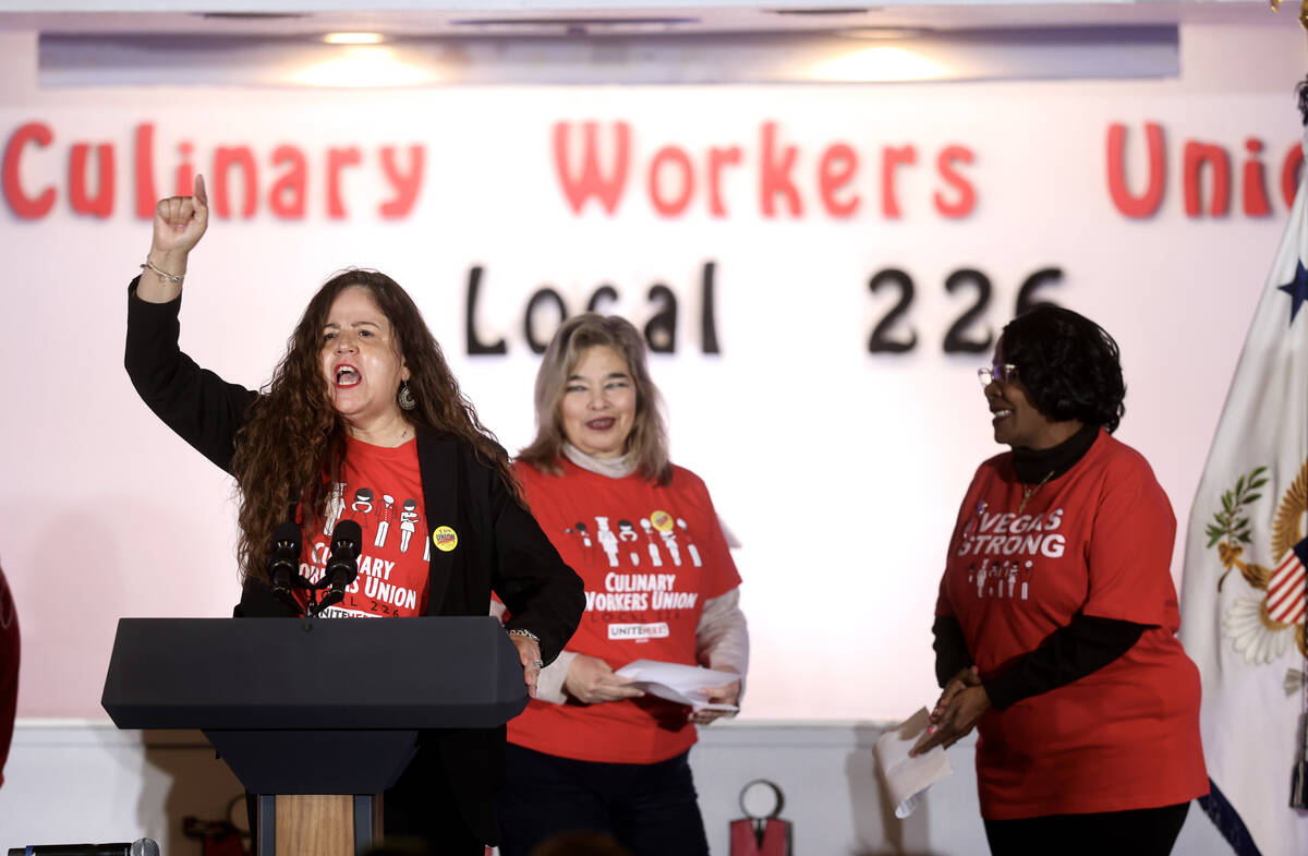 Culinary Union President Diana Valles fires up the crowd before Vice President Kamala Harris sp ...