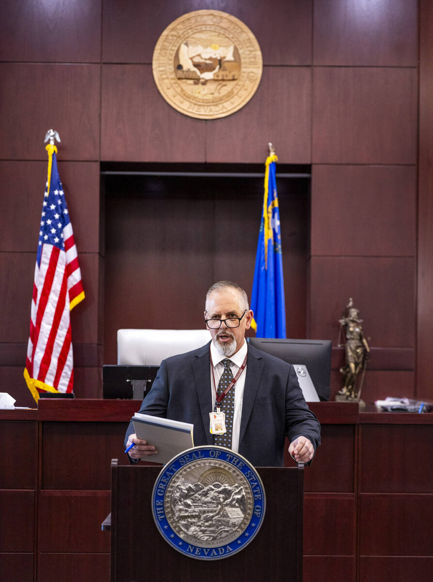 Chief Judge Jerry Wiese II speaks in his courtroom during a press conference by about Deobra Re ...