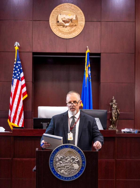 Chief Judge Jerry Wiese II speaks in his courtroom during a press conference by about Deobra Re ...