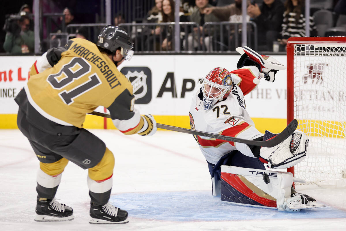 Florida Panthers goaltender Sergei Bobrovsky (72) stops a shot by Vegas Golden Knights right wi ...