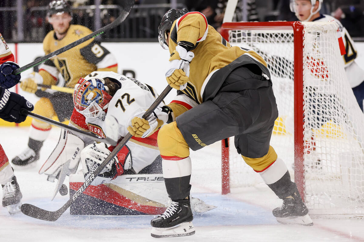 Florida Panthers goaltender Sergei Bobrovsky (72) stops a shot by the Vegas Golden Knights duri ...