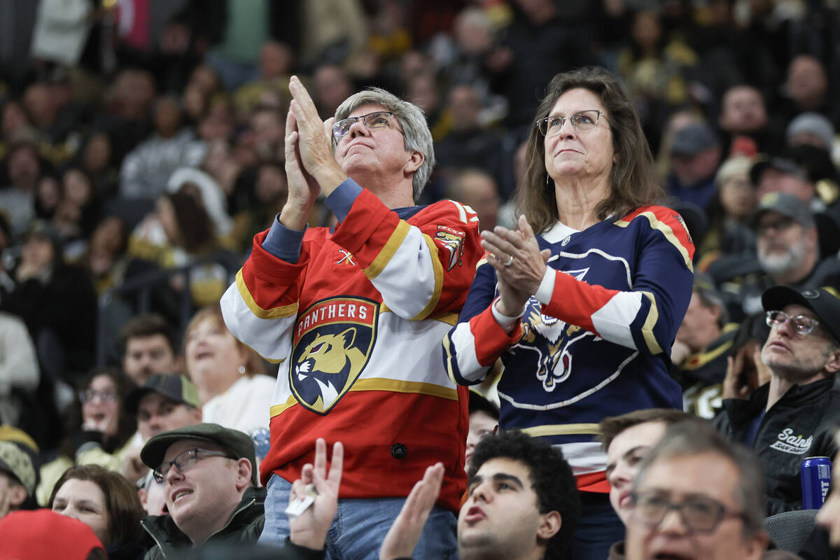 Florida Panthers fans cheer their team’s fourth goal against the Vegas Golden Knights du ...