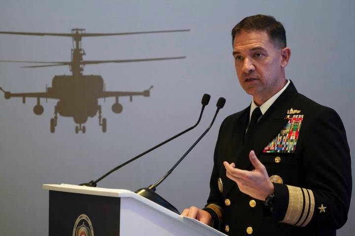 FILE - U.S. Navy Vice Adm. Brad Cooper, who heads the Navy's Bahrain-based 5th Fleet, speaks at ...