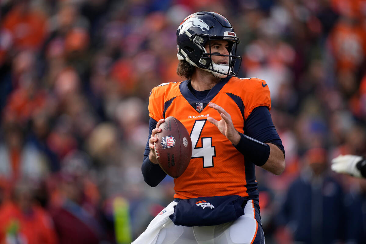 Denver Broncos quarterback Jarrett Stidham (4) in the first half of an NFL football game in Emp ...