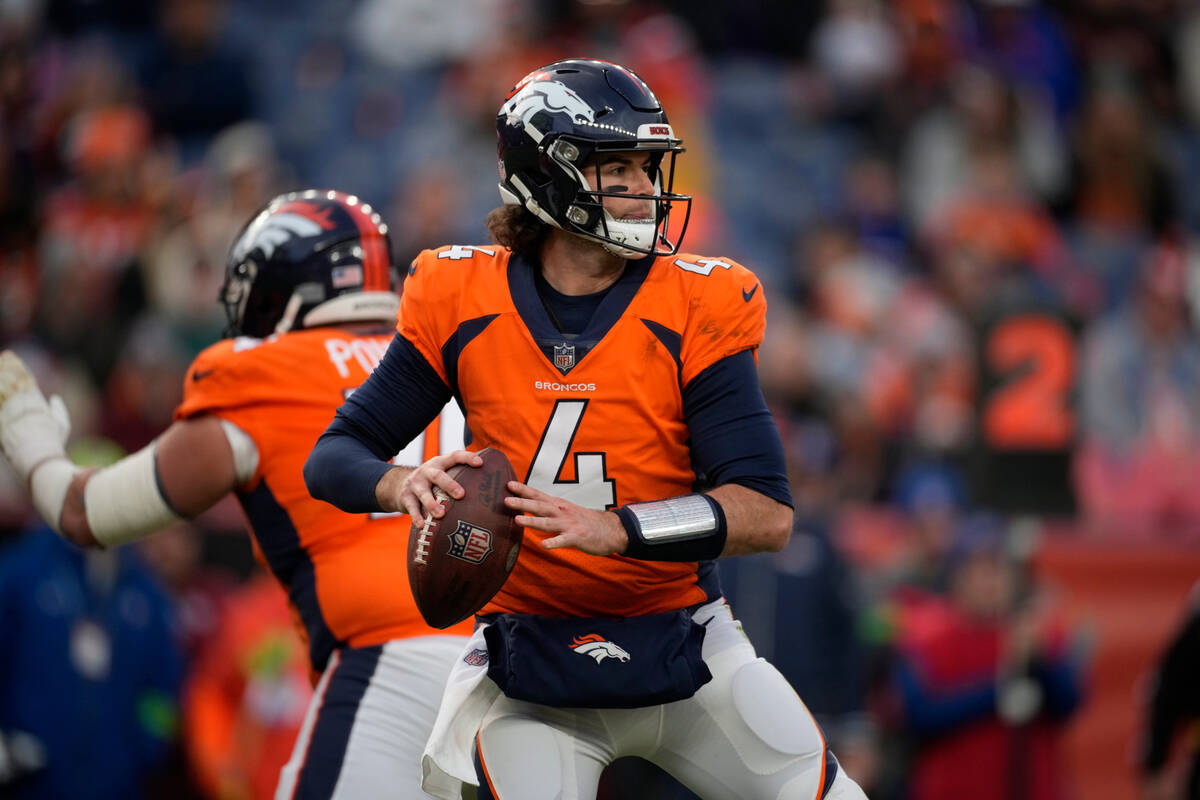 Denver Broncos quarterback Jarrett Stidham (4) in the second half of an NFL football game in Em ...