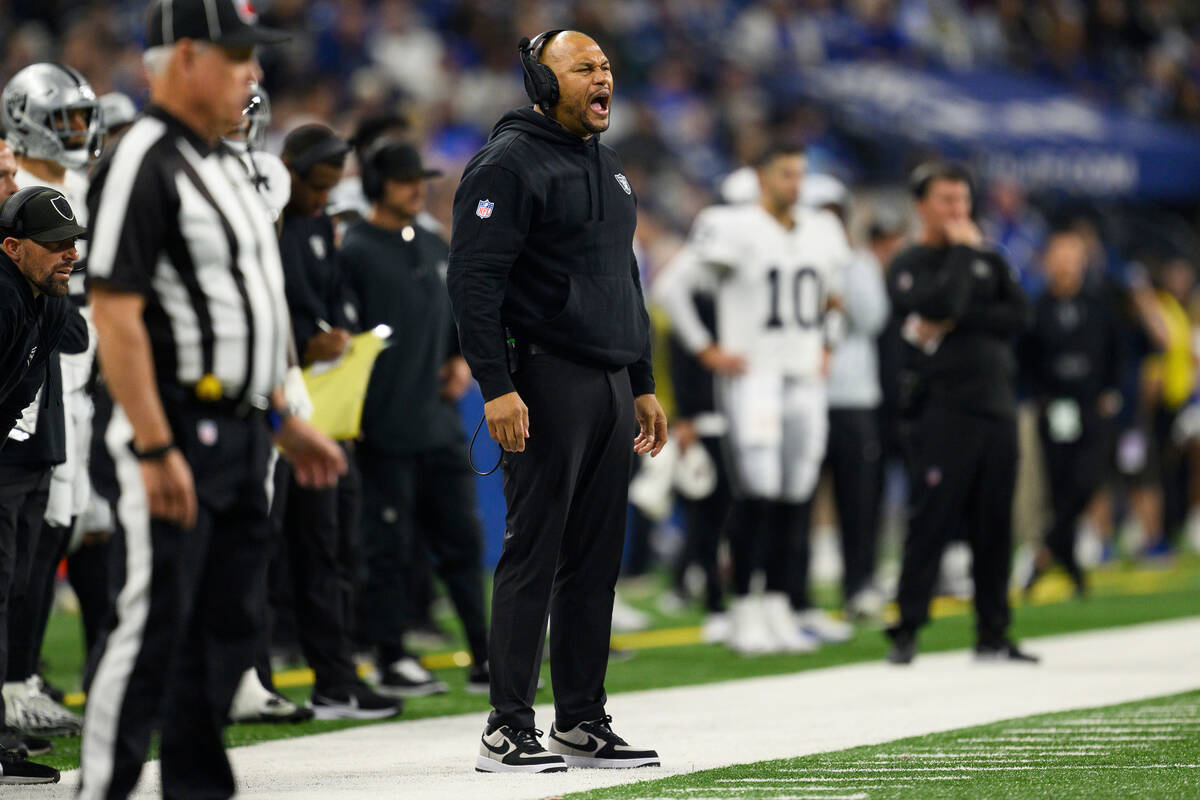 Las Vegas Raiders interim head coach Antonio Pierce on the sidelines during an NFL football gam ...