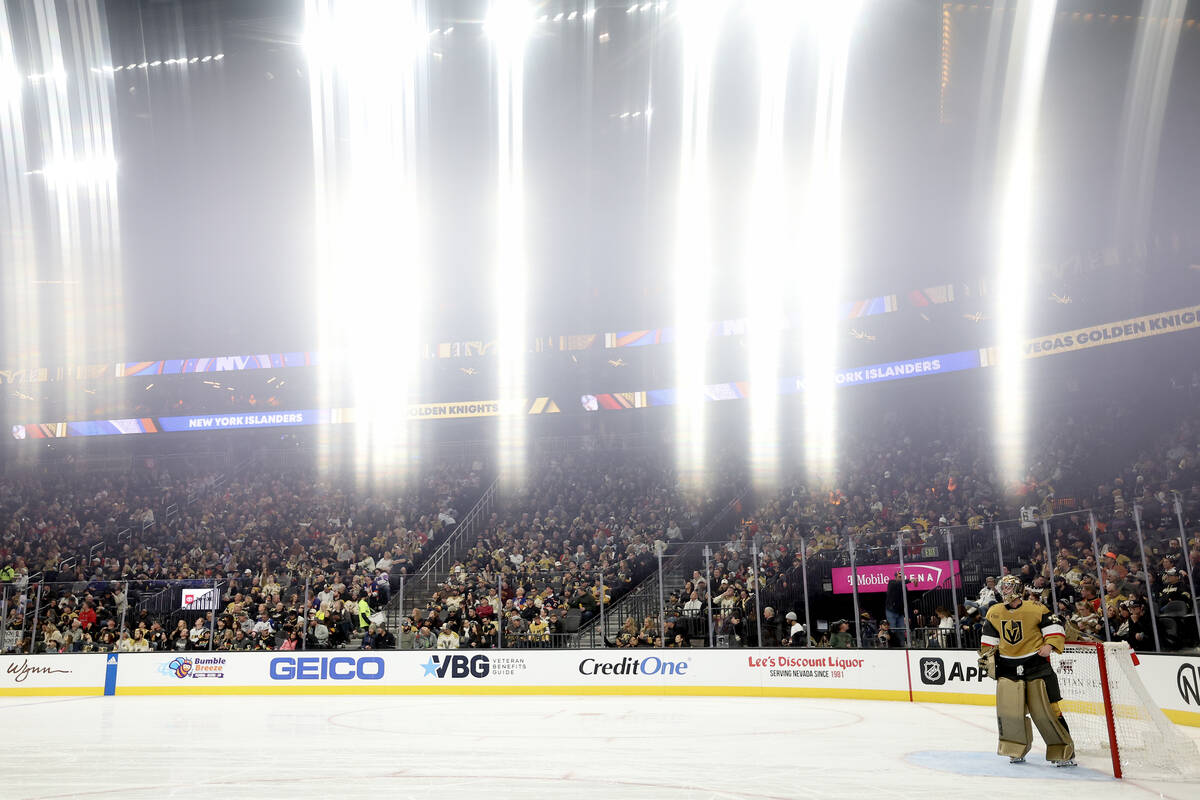 Golden Knights goaltender Logan Thompson (36) mans the net during the second period of an NHL h ...