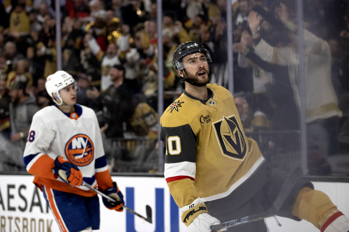 Golden Knights center Nicolas Roy (10) celebrates his goal during the third period of an NHL ho ...