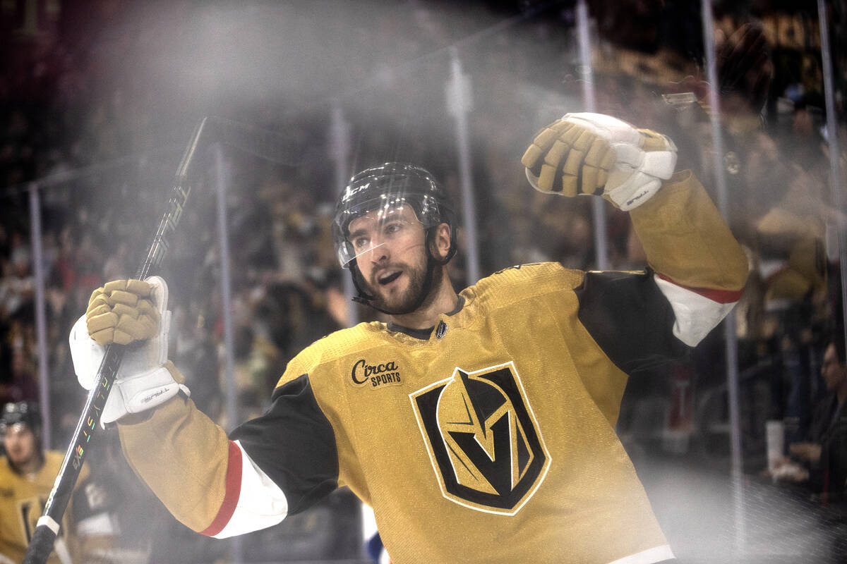 Golden Knights center Nicolas Roy (10) celebrates his goal during the third period of an NHL ho ...