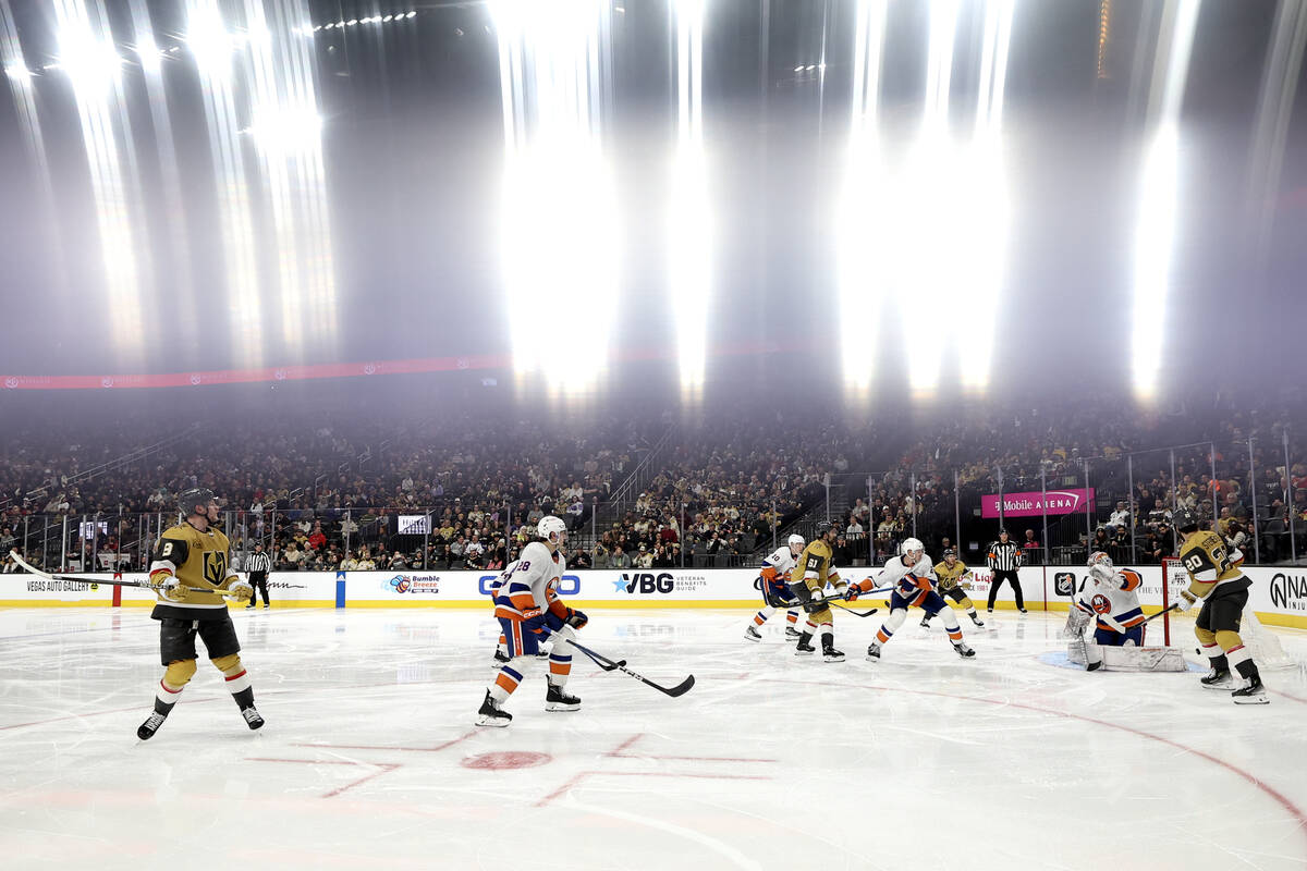 Golden Knights center Jack Eichel (9) scores a goal on Islanders goaltender Ilya Sorokin (30) d ...