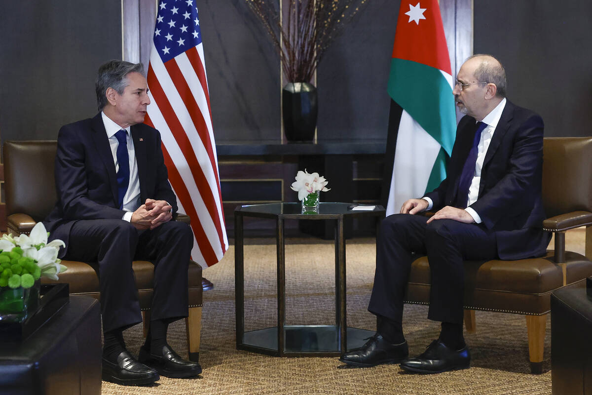 U.S. Secretary of State Antony Blinken, left, meets with Jordanian Foreign Minister Ayman Safad ...