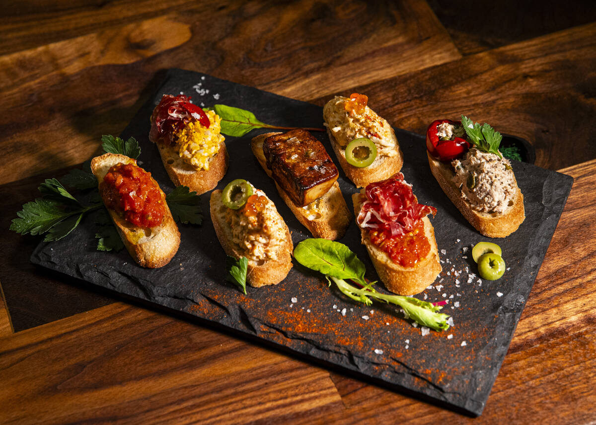 A variety of pintxos are pictured at Casa de Raku, a tapas bar, on Tuesday, Jan. 9, 2024, in La ...