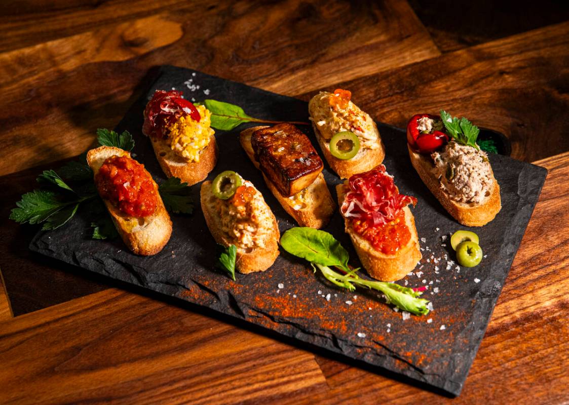 A variety of pintxos are pictured at Casa de Raku, a tapas bar, on Tuesday, Jan. 9, 2024, in La ...