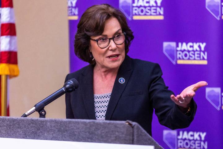 Sen. Jacky Rosen, D-Nev., speaks at a press conference on Friday, Aug. 18, 2023, in Las Vegas. ...