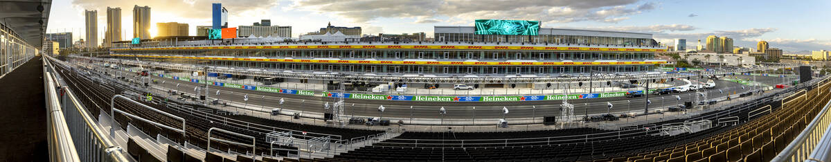 This panoramic photo shows the view of the Las Vegas Grand Prix track from the Sky Box at the F ...