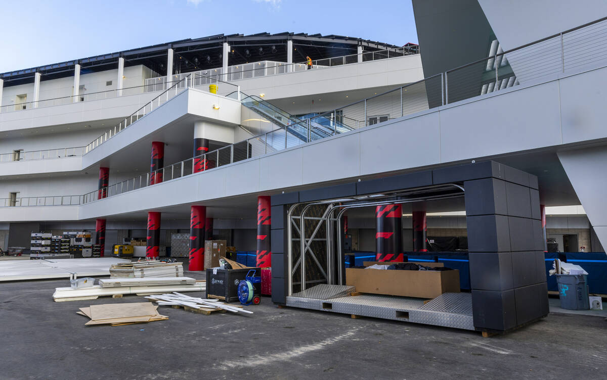 Construction continues outside the team garages and entrance at the Formula One Las Vegas Grand ...