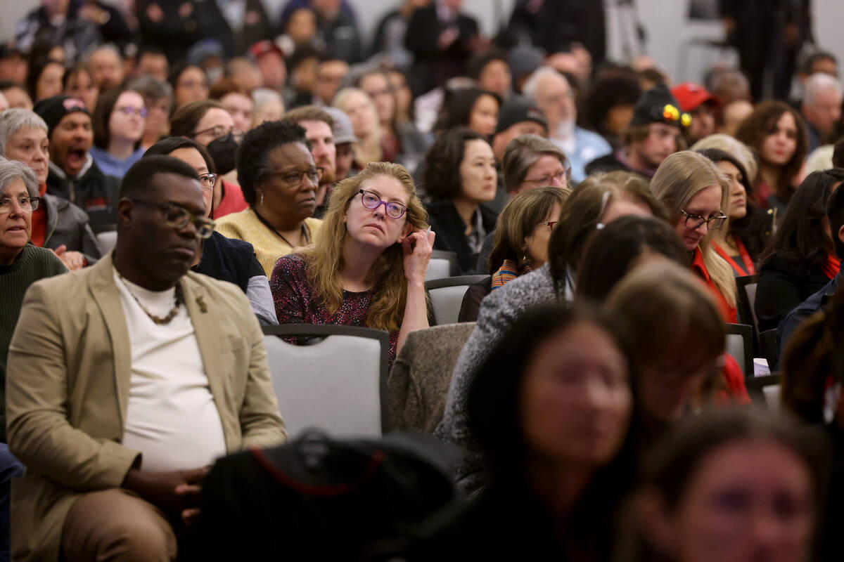 UNLV faculty and staff listen during an all hands meeting in the Student Union Ballroom in Las ...