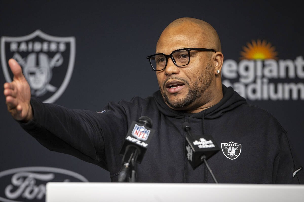 Raiders interim head coach Antonio Pierce answers questions from the media following the team&# ...