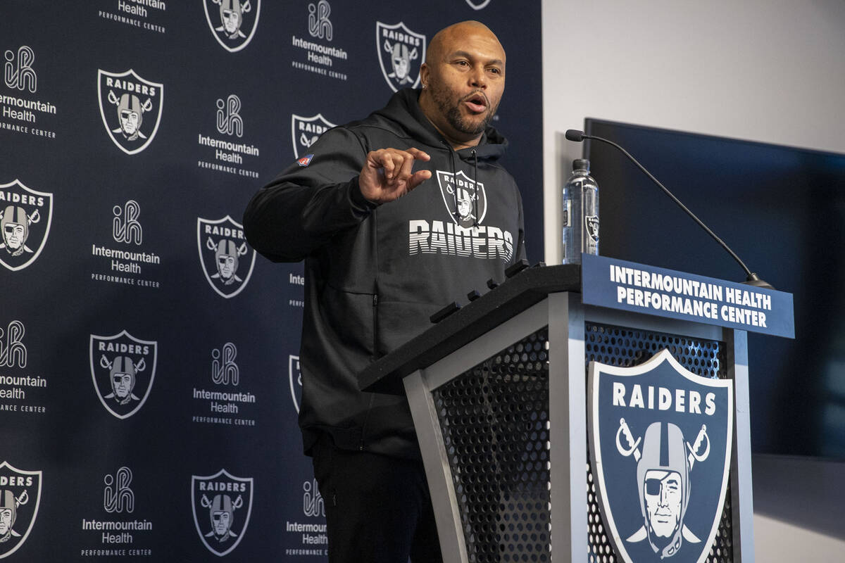 Raiders interim head coach Antonio Pierce answers questions from the media during a news confer ...