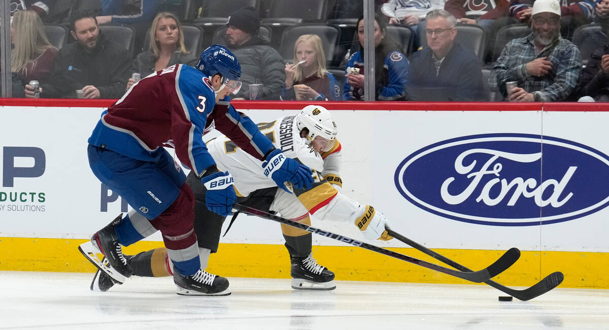 Vegas Golden Knights right wing Jonathan Marchessault, right, and Colorado Avalanche defenseman ...