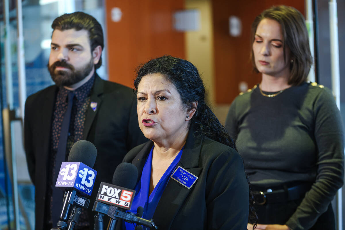 Marie Neisess, president of the Clark County Education Association, addresses media at a press ...