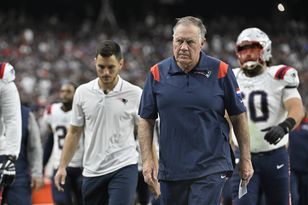 New England Patriots head coach Bill Belichick walks off the field at the end of the first half ...